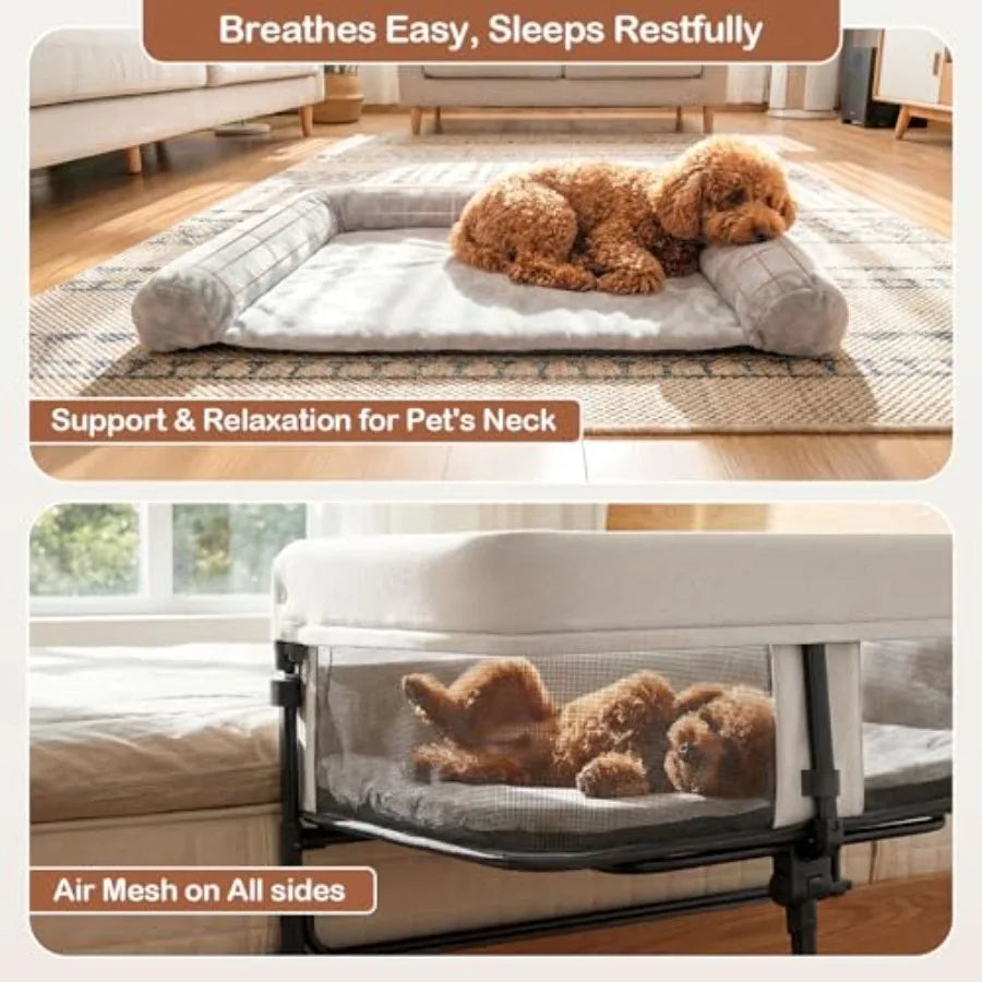 Bedside Dog Bed for Small/Medium Dogs Cats: Adjustable Height 11-Inch Guardrail Foldable Portable Attachment Grey Fabric Enhanc
