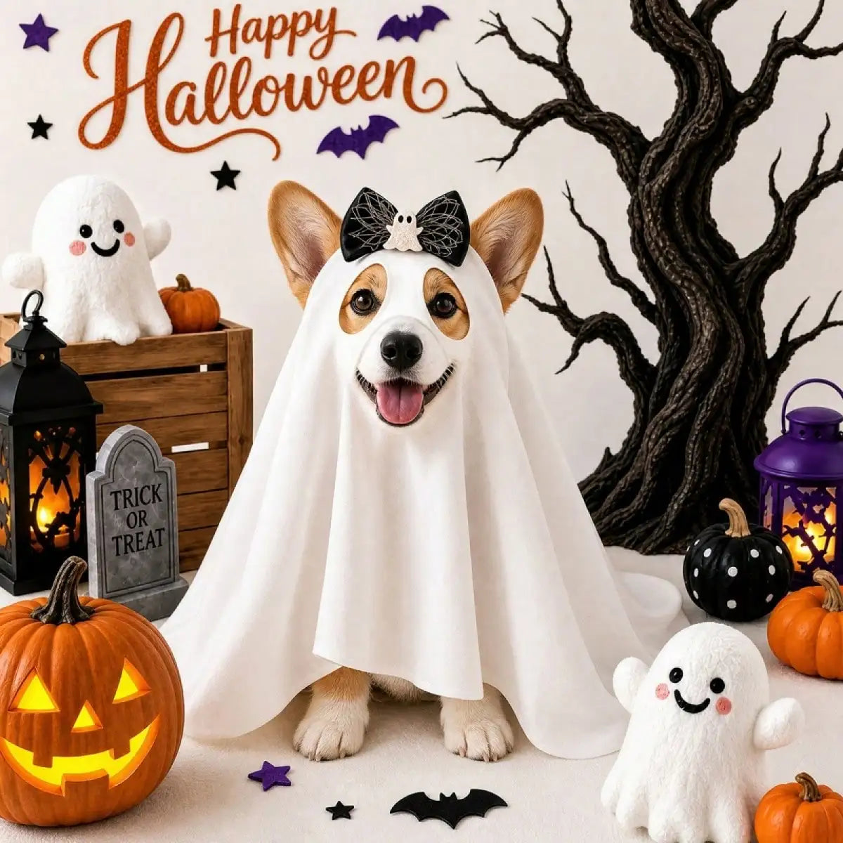 Dog Halloween Costumes Funny Pet Cat Ghost Costume With Bow Cosplay Clothes