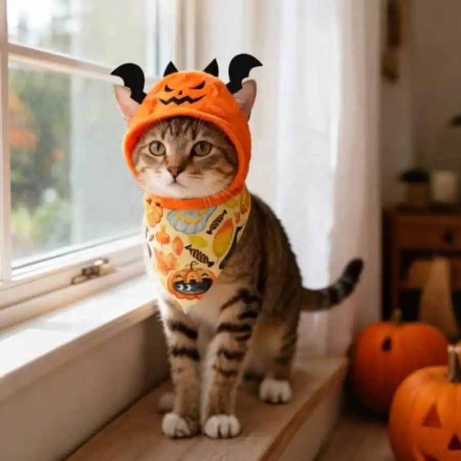 4Pcs Halloween Pet Costume, Cat Pumpkin And Bat Costume With Two Halloween Style Square Scarves