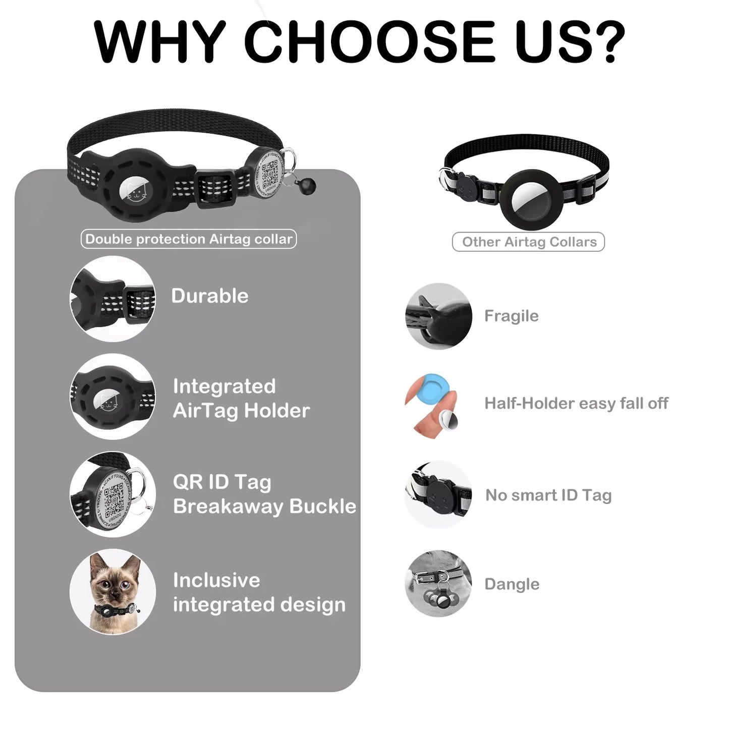 Cat GPS Collar with QR Code Tag & Airtag Case Reflective Apple Tag Cats Collar for Tracker Pet Breakaway Air Tag Kitten Collar