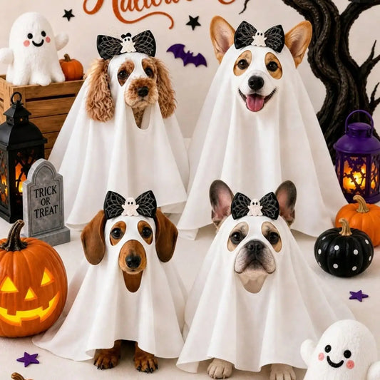 Dog Halloween Costumes Funny Pet Cat Ghost Costume With Bow Cosplay Clothes