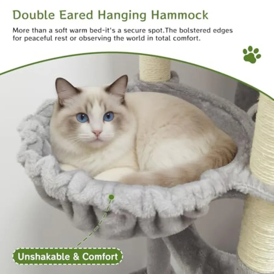 Multi-Level Cat Tree for Living Room Sisal-Wrapped Scratching Posts Gray Sturdy Construction with Perches and Hammock
