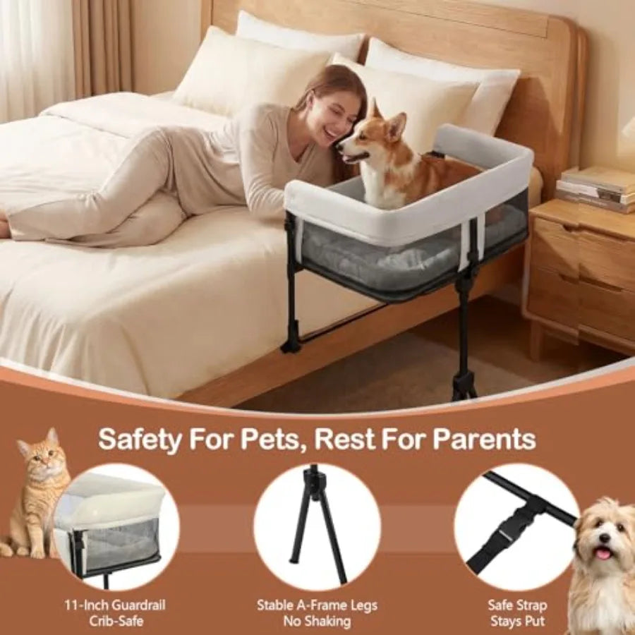 Bedside Dog Bed for Small/Medium Dogs Cats: Adjustable Height 11-Inch Guardrail Foldable Portable Attachment Grey Fabric Enhanc