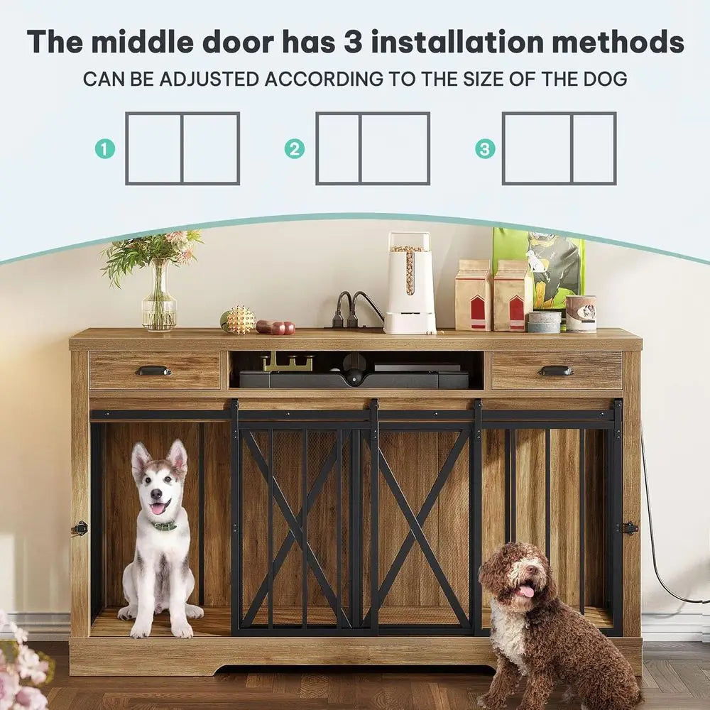 63 Inch Double Dog Crate TV Stand with Charging Station, Heavy Duty Wooden Cage Furniture for 2 Dogs, Dog Kennel Indoor Furnitur