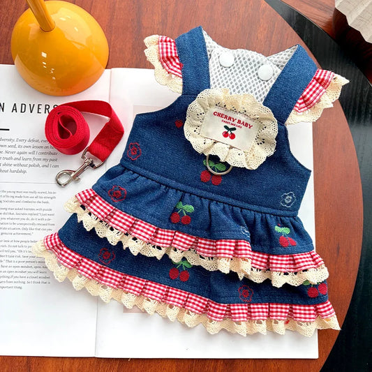 Denim Dog Dress Harness Set for Pets - Trendy Chic  Cat Dog Outfit with Leash  , Soft Mesh Vest Skirt  Jeans Dog Dress