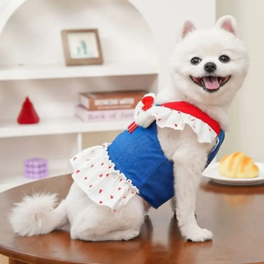 Cute Dog Harness Dress Heart Print Pink Strawberry Denim Puppy Princess Skirt with Leash Comfortable Pet Dress Pet Supplies