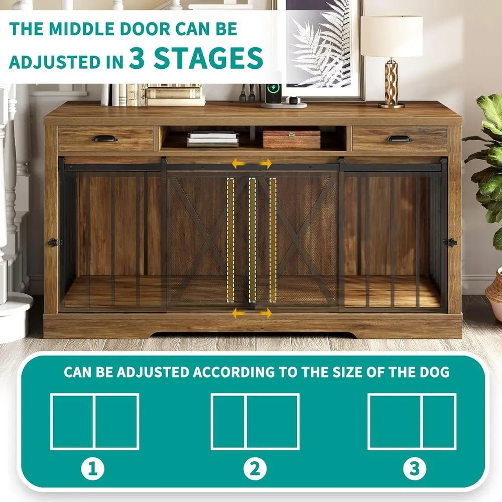 63 Inch Double Dog Crate TV Stand with Charging Station, Heavy Duty Wooden Cage Furniture for 2 Dogs, Dog Kennel Indoor Furnitur
