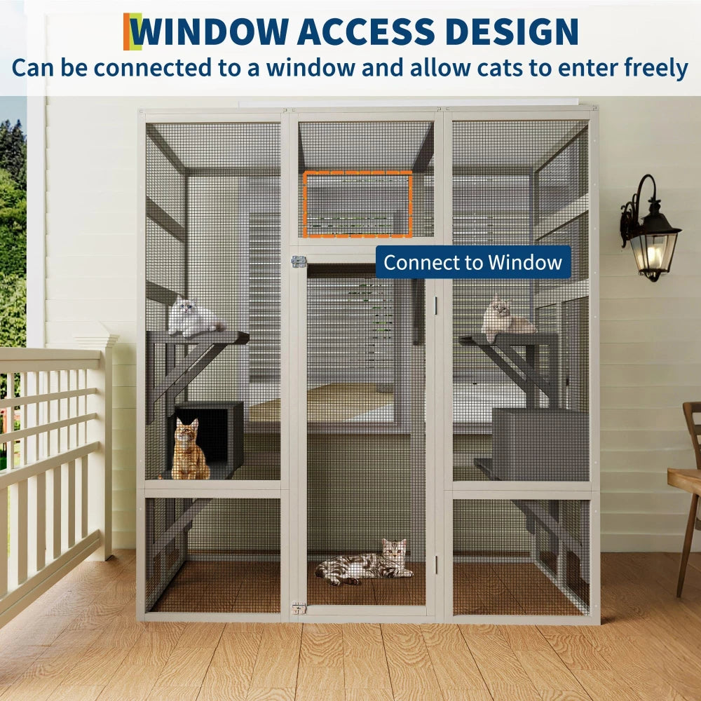 70'' Large Walk-in Catio Outdoor Cat House Waterproof Cover Multi-Platform Cat Enclosure With 2 Resting Boxes For Multiple Cats
