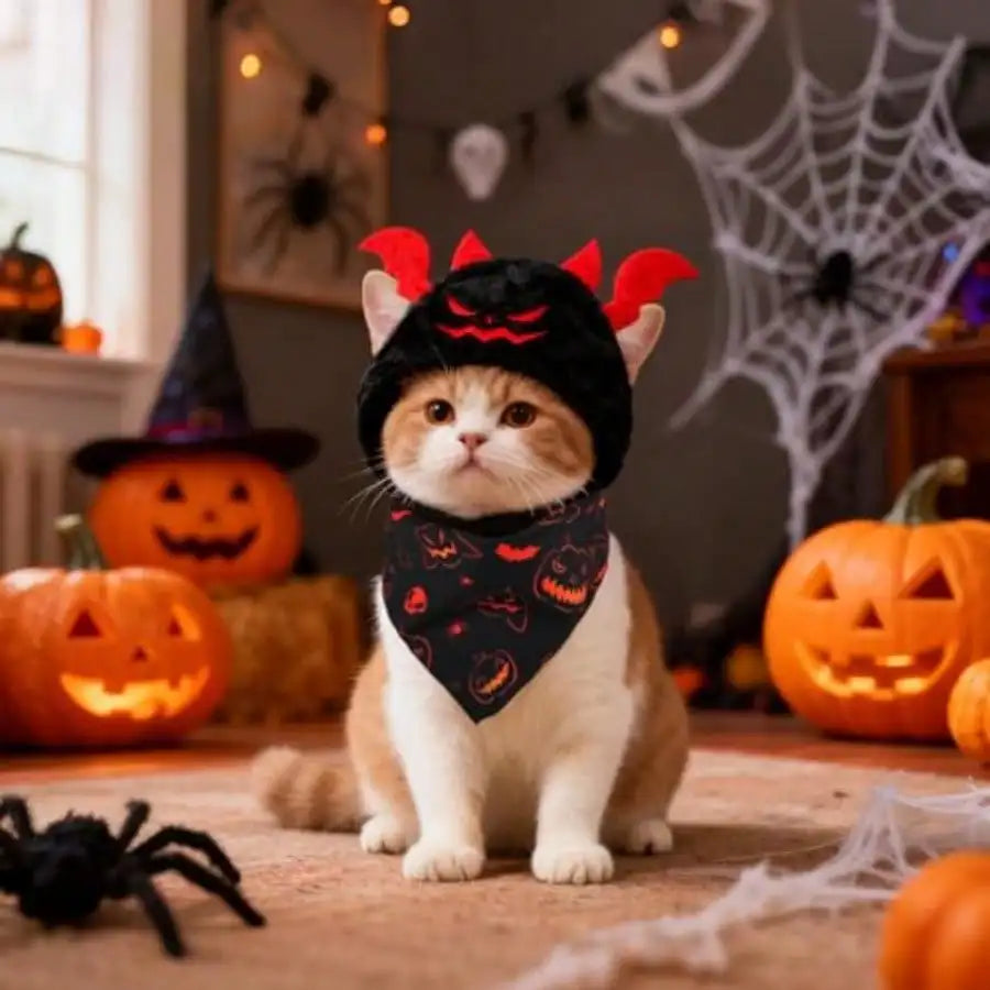 4Pcs Halloween Pet Costume, Cat Pumpkin And Bat Costume With Two Halloween Style Square Scarves