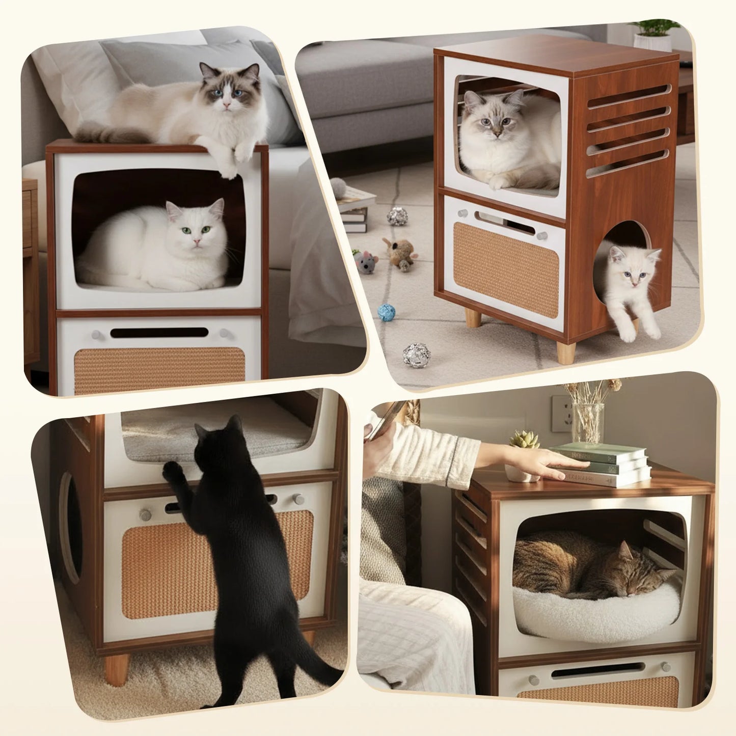 2 In 1 Play House End Table with Scratching Board Large Side Table & Cat Home Retro TV-Style for Living Room Bedroom Decoration