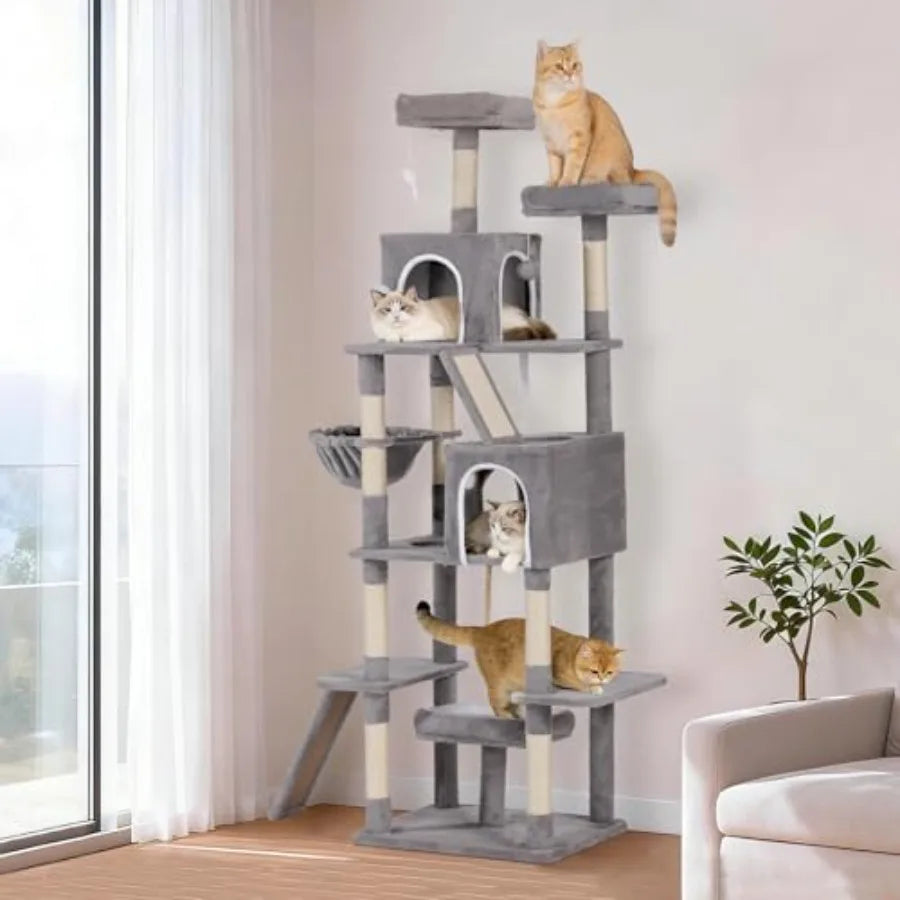 Multi-Level Cat Tree for Living Room Sisal-Wrapped Scratching Posts Gray Sturdy Construction with Perches and Hammock