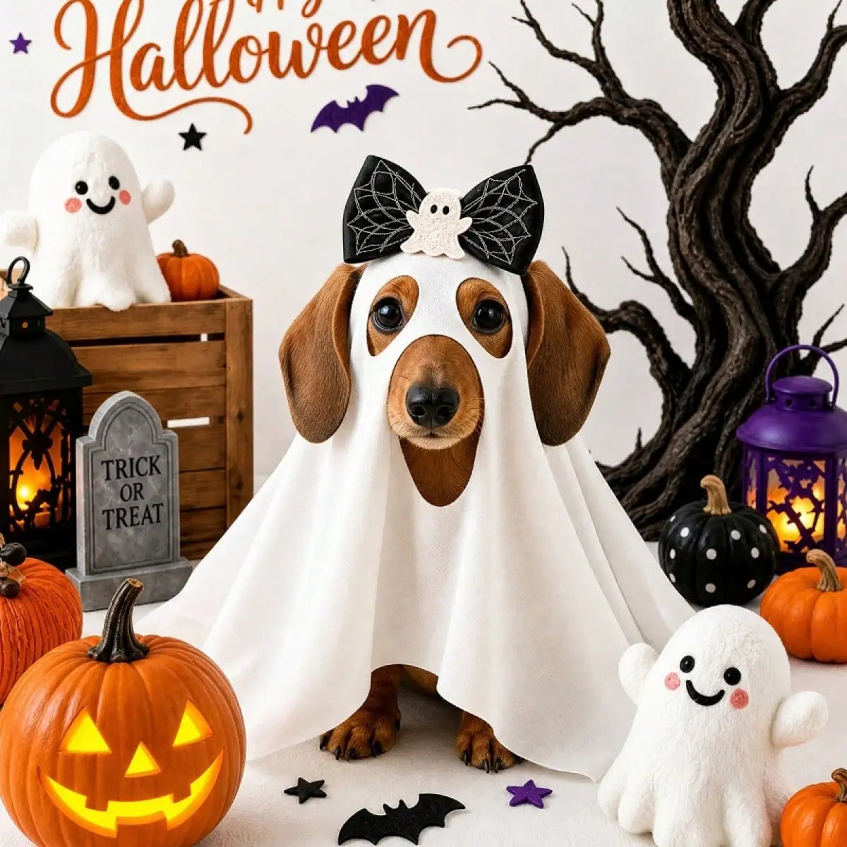Dog Halloween Costumes Funny Pet Cat Ghost Costume With Bow Cosplay Clothes