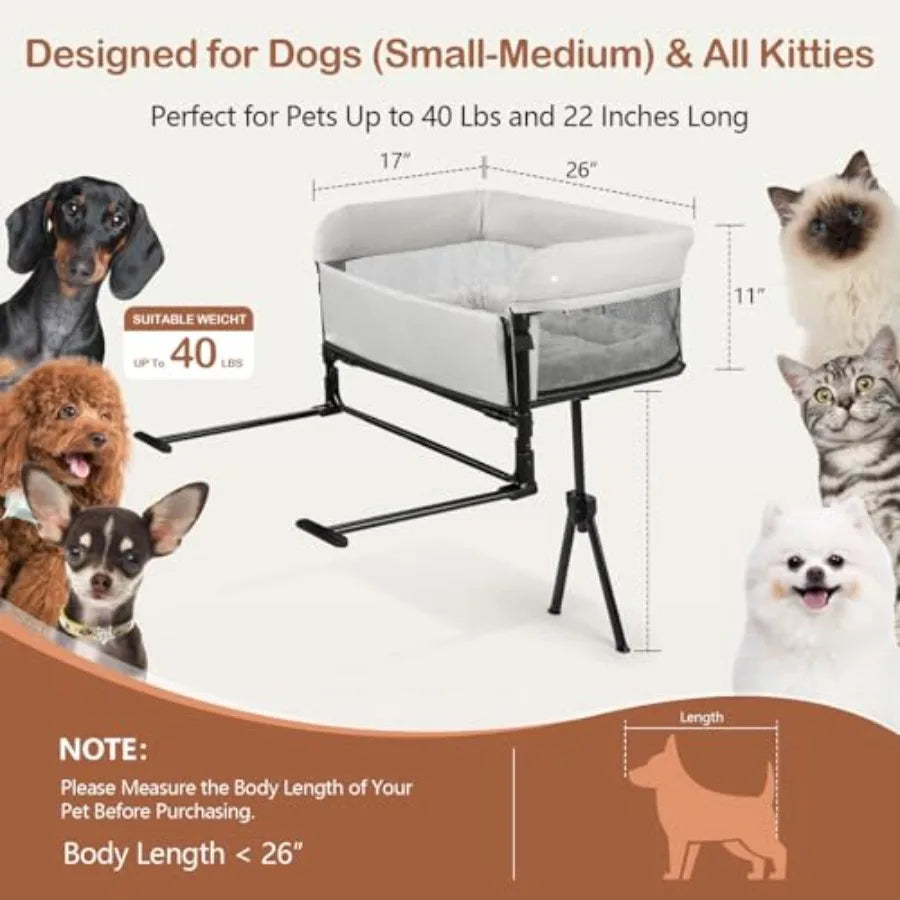 Bedside Dog Bed for Small/Medium Dogs Cats: Adjustable Height 11-Inch Guardrail Foldable Portable Attachment Grey Fabric Enhanc