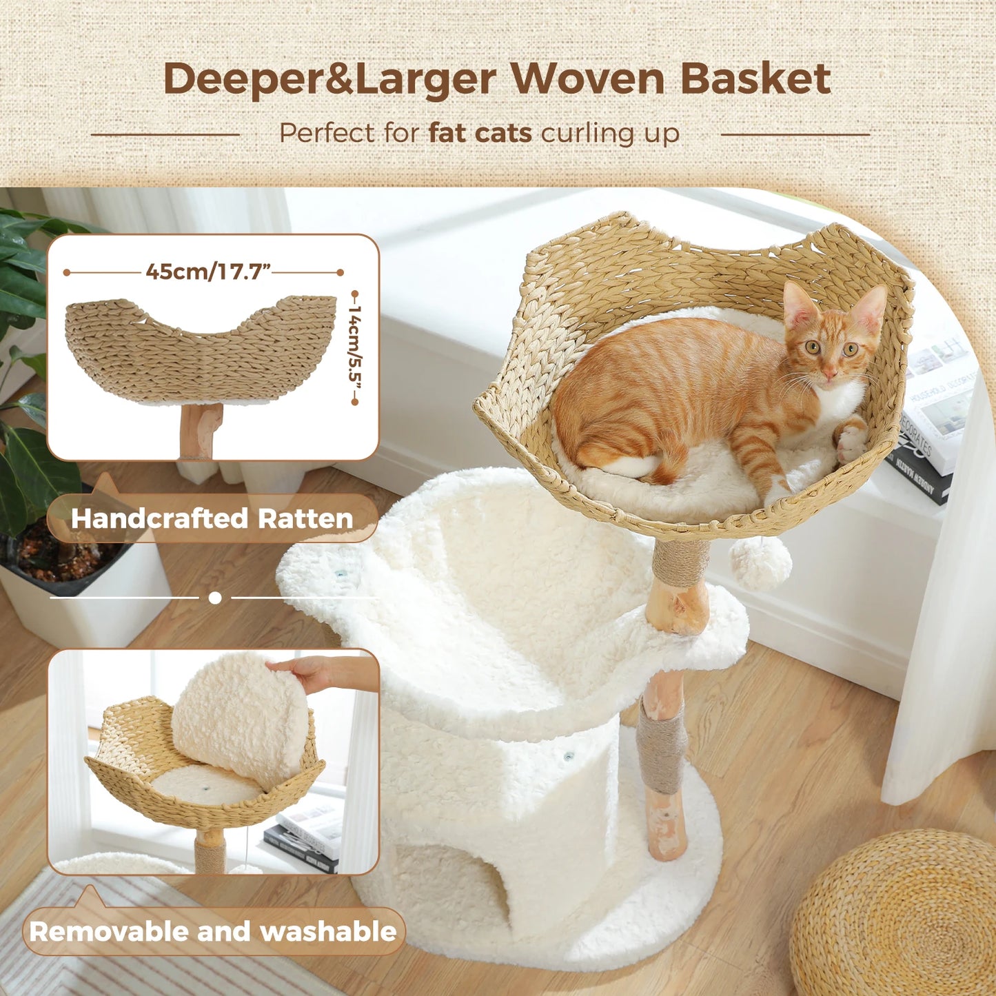 Modern Cat Tree, Natural Wood Cat Tower with Large Wicker Basket, Spacious Condo, Deep Hammock, Luxury Cat House Bed for Indoor