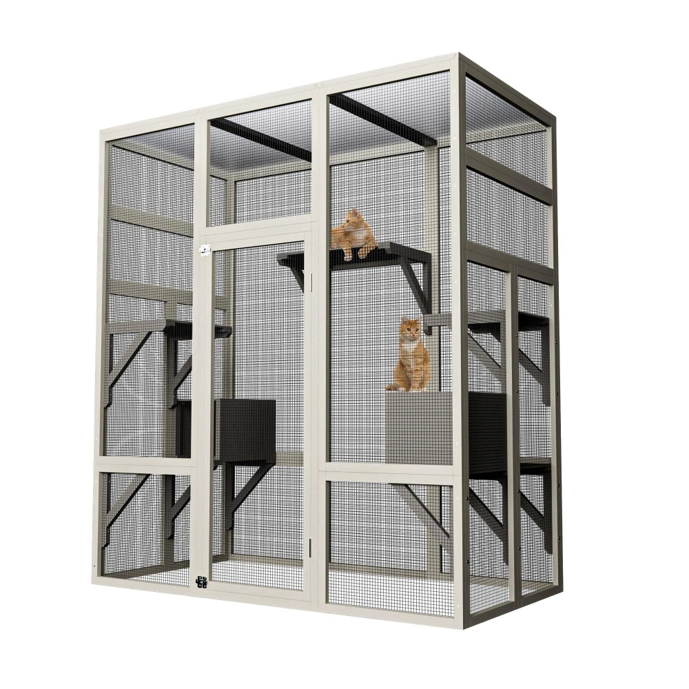 70'' Large Walk-in Catio Outdoor Cat House Waterproof Cover Multi-Platform Cat Enclosure With 2 Resting Boxes For Multiple Cats