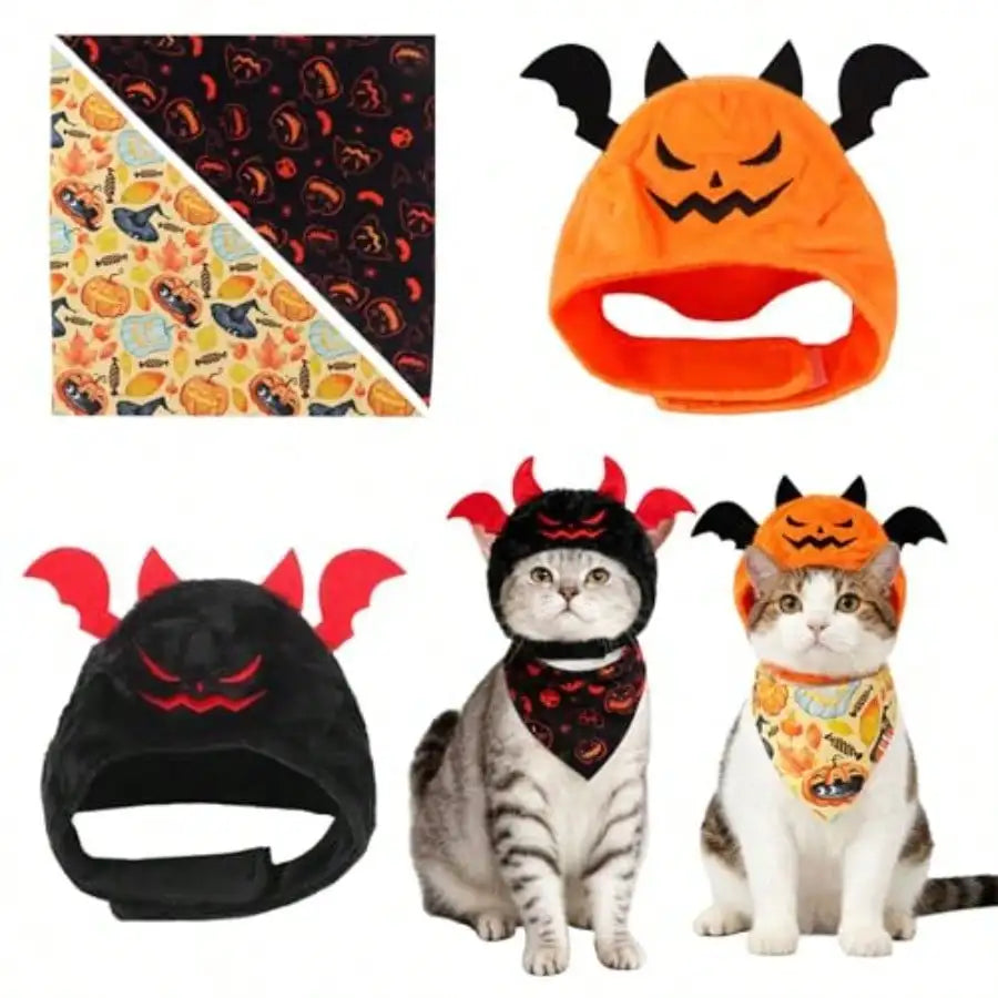 4Pcs Halloween Pet Costume, Cat Pumpkin And Bat Costume With Two Halloween Style Square Scarves