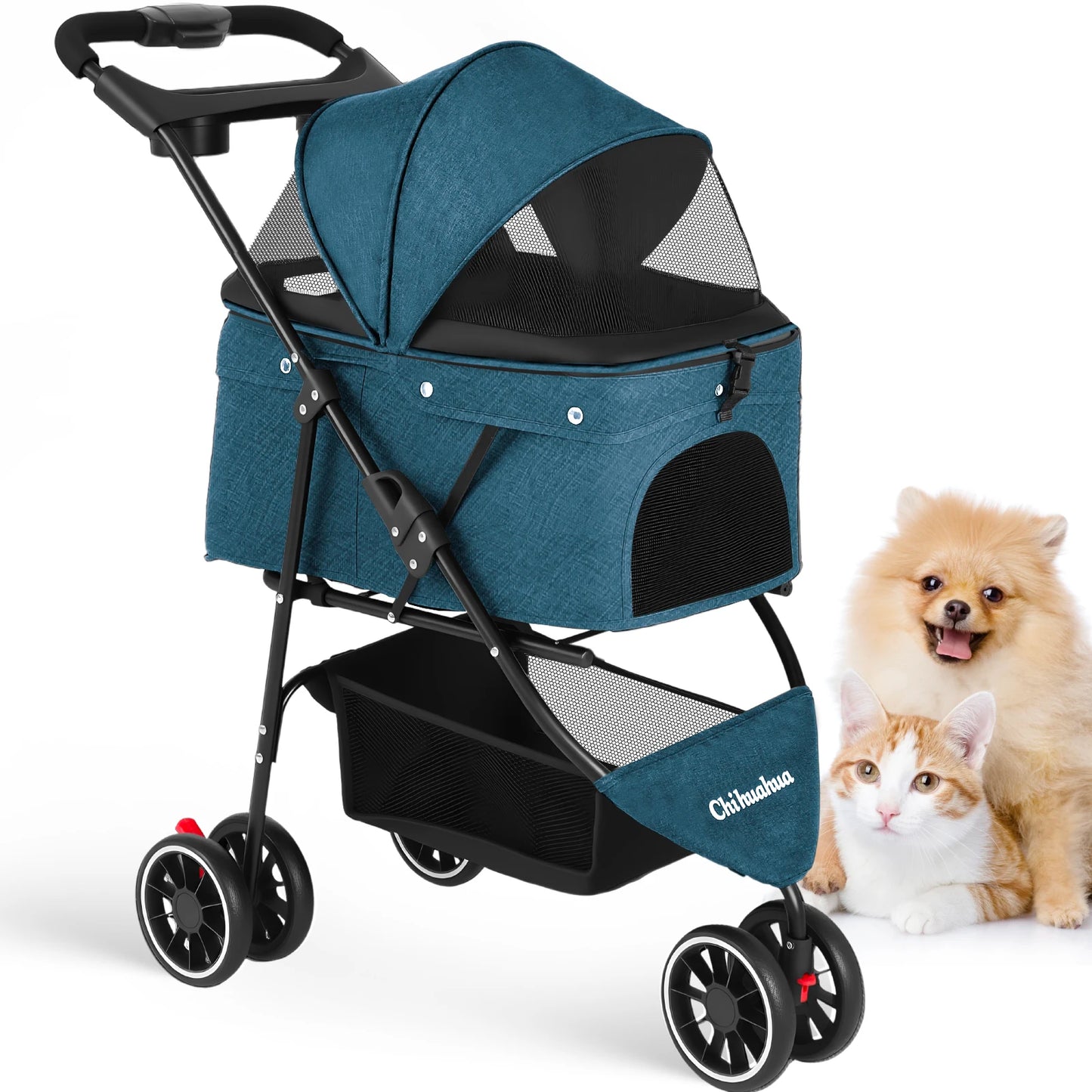 Portable Foldable Pet Stroller for Small Dogs & Cats, Travel Carrier with Canopy, Storage Basket