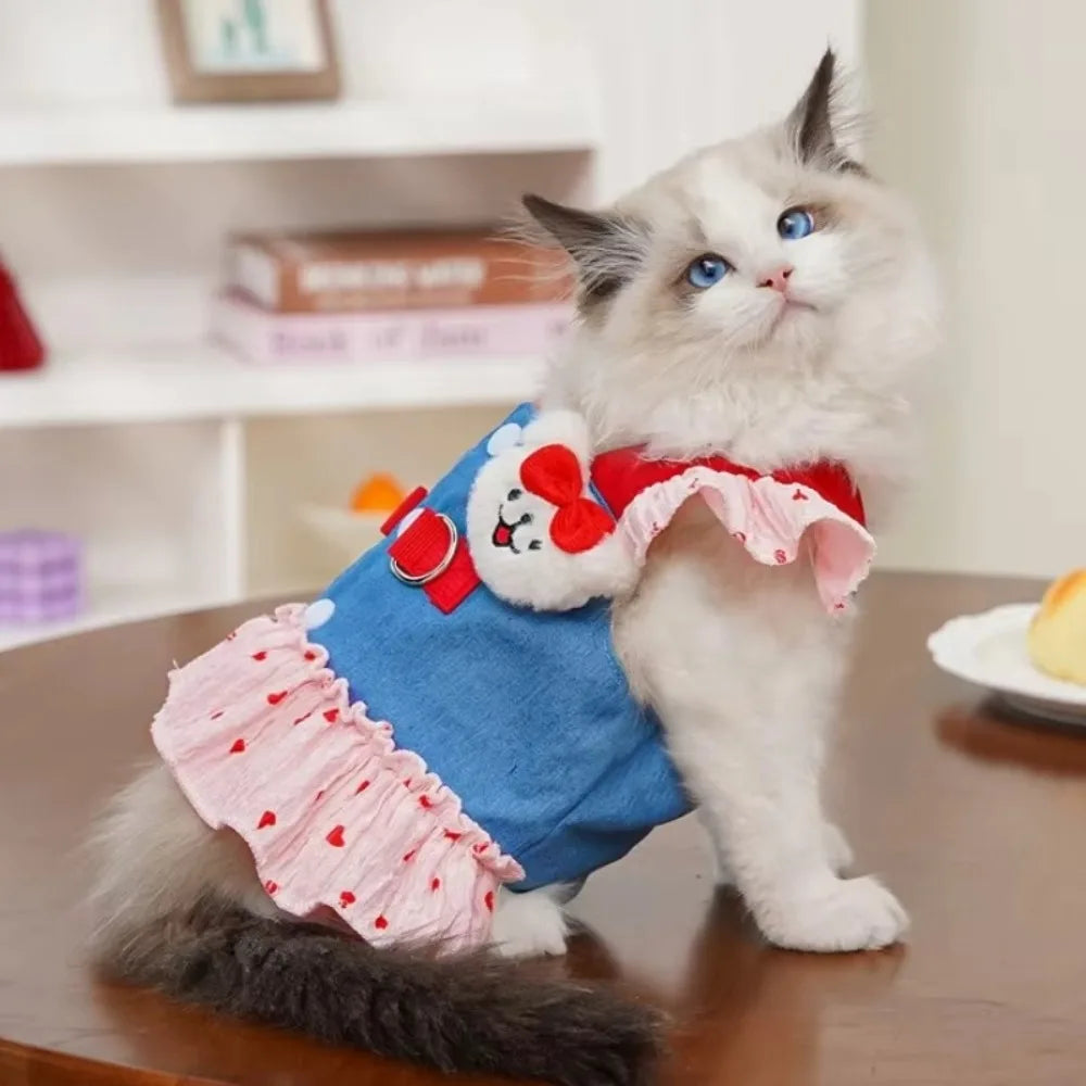 Cute Dog Harness Dress Heart Print Pink Strawberry Denim Puppy Princess Skirt with Leash Comfortable Pet Dress Pet Supplies