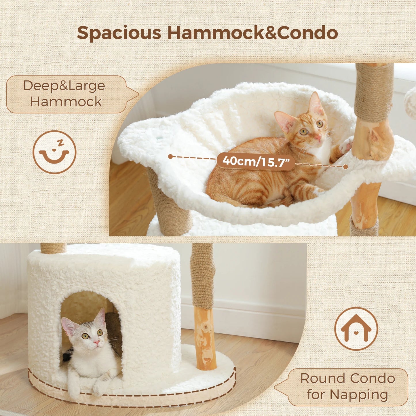 Modern Cat Tree, Natural Wood Cat Tower with Large Wicker Basket, Spacious Condo, Deep Hammock, Luxury Cat House Bed for Indoor