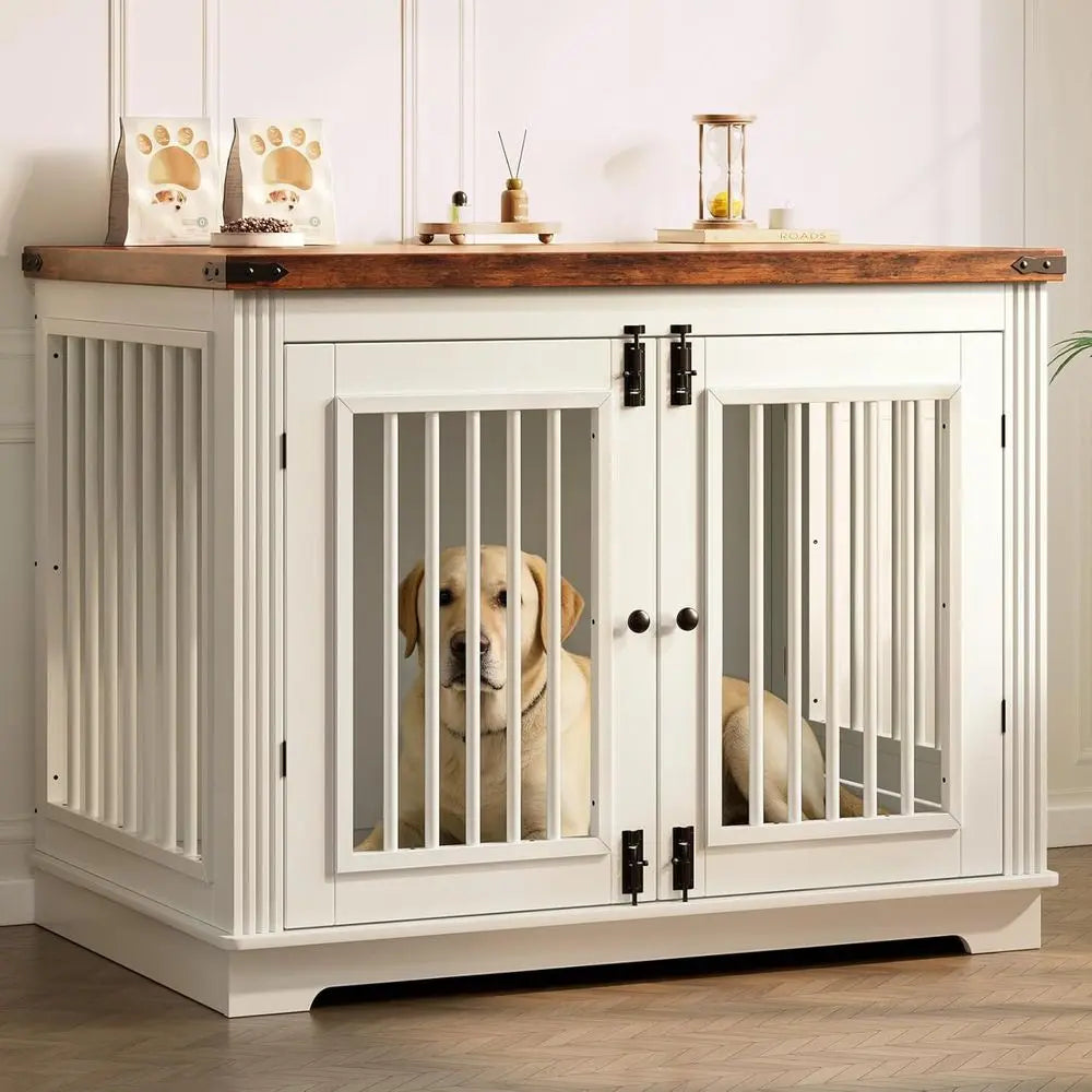 Mid to Large Dog Crate Furniture, White Kennel with Reinforced Tabletop, Stylish Dog Crate Side Table for Home Decor