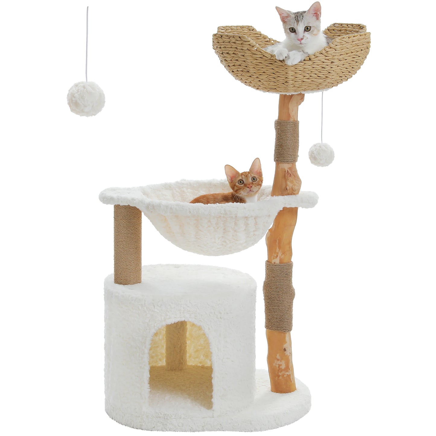 Modern Cat Tree, Natural Wood Cat Tower with Large Wicker Basket, Spacious Condo, Deep Hammock, Luxury Cat House Bed for Indoor