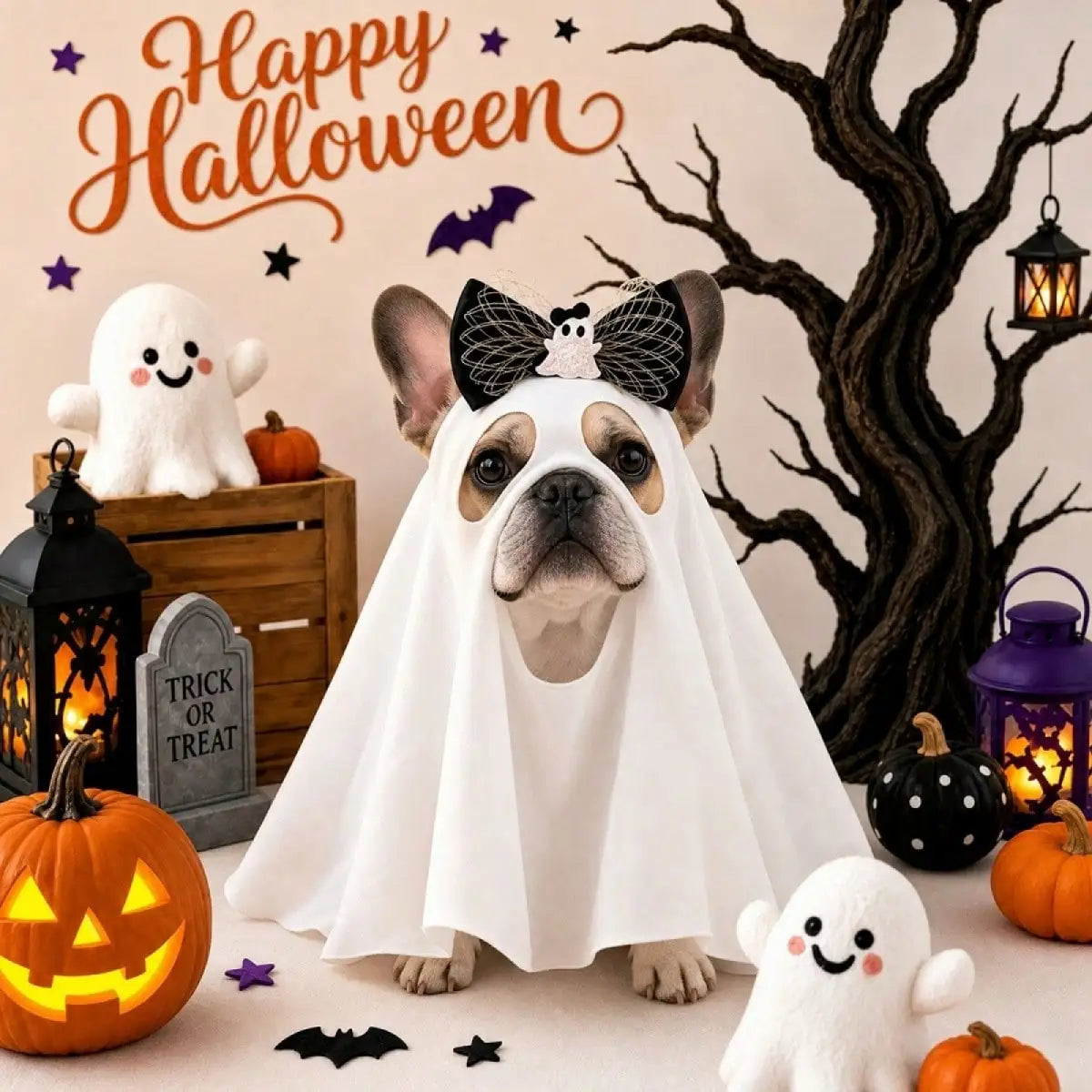 Dog Halloween Costumes Funny Pet Cat Ghost Costume With Bow Cosplay Clothes