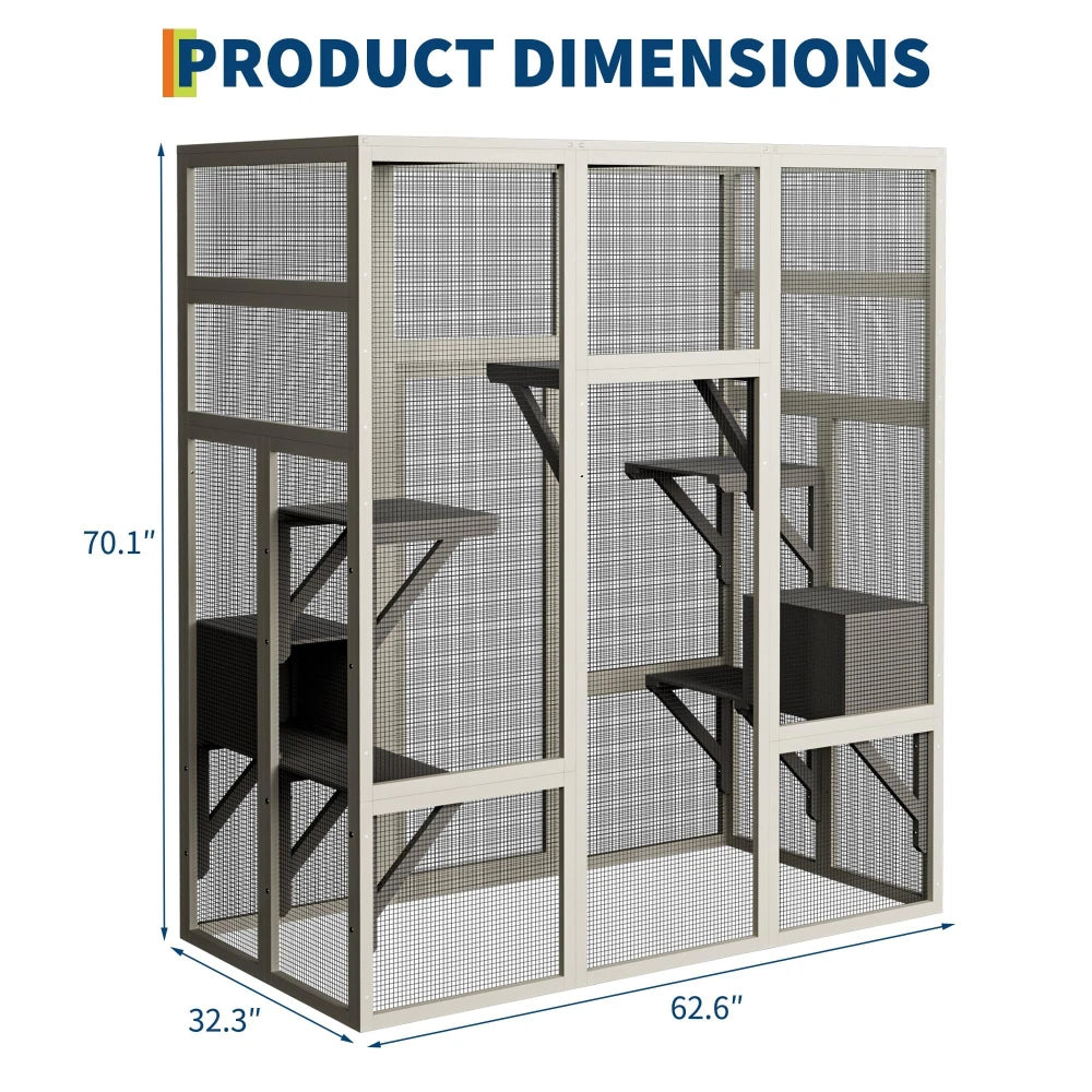 70'' Large Walk-in Catio Outdoor Cat House Waterproof Cover Multi-Platform Cat Enclosure With 2 Resting Boxes For Multiple Cats