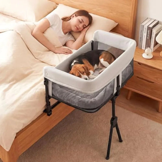 Bedside Dog Bed for Small/Medium Dogs Cats: Adjustable Height 11-Inch Guardrail Foldable Portable Attachment Grey Fabric Enhanc