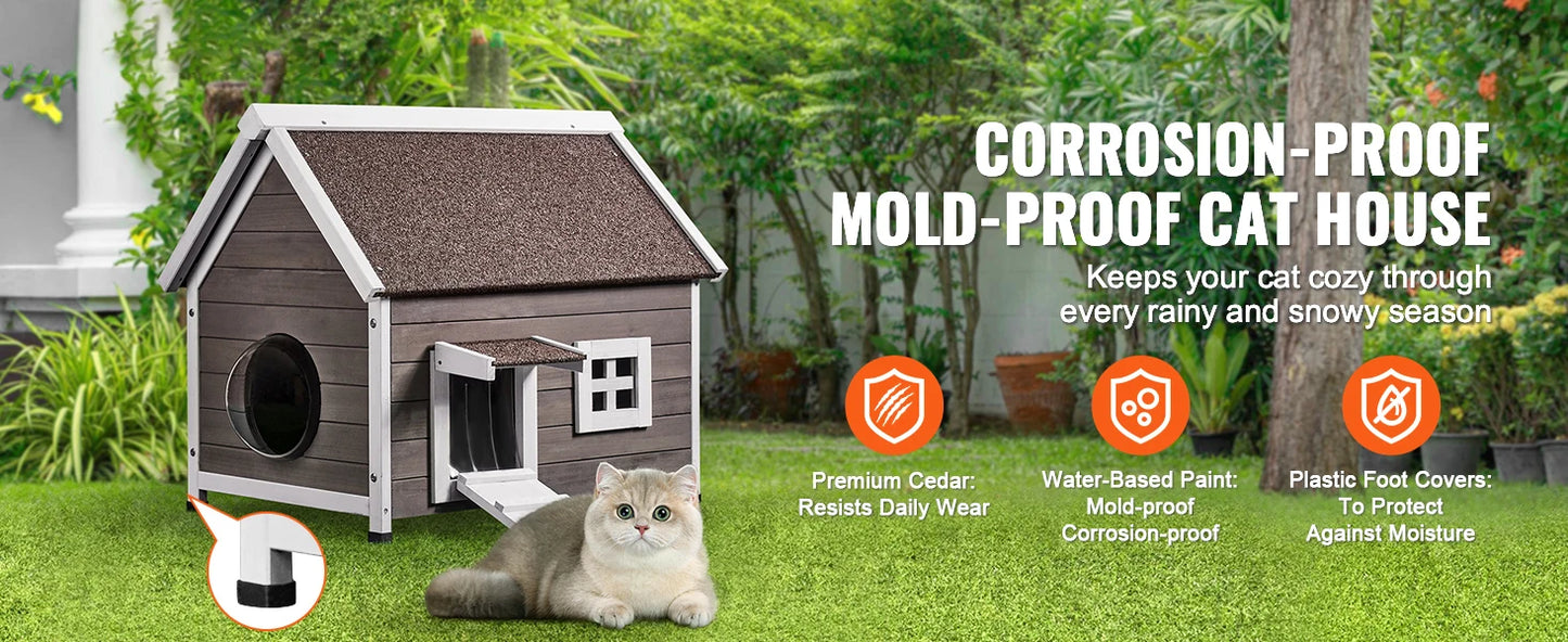 SucceBuy Outdoor Cat House 22"x30"x26" Weatherproof Feral Cat Shelter for Multiple Cats Outdoor Wooden Cat House with Side Door