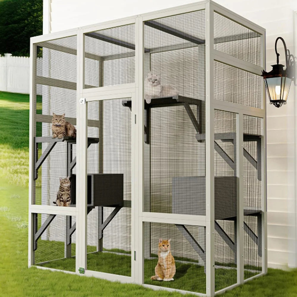 70'' Large Walk-in Catio Outdoor Cat House Waterproof Cover Multi-Platform Cat Enclosure With 2 Resting Boxes For Multiple Cats