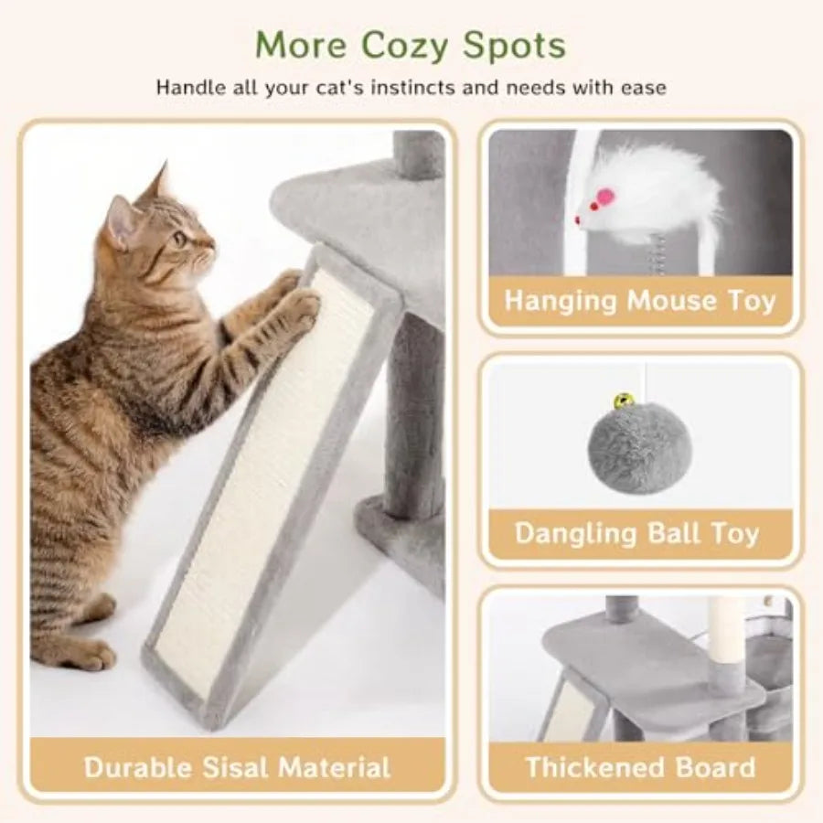 Multi-Level Cat Tree for Living Room Sisal-Wrapped Scratching Posts Gray Sturdy Construction with Perches and Hammock