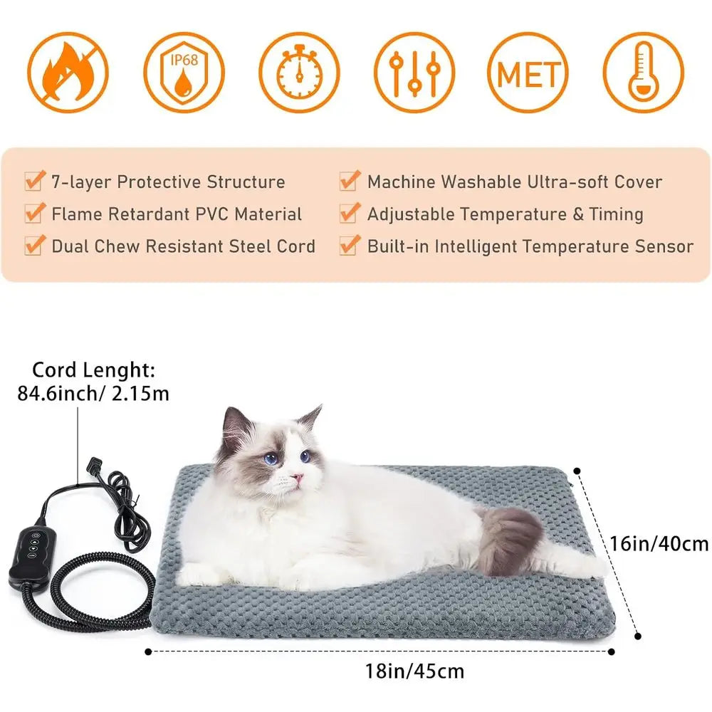 Adjustable Temperature Pet Heating Pad with Timer, Waterproof for Dogs and Cats, Size S: 18 x 16