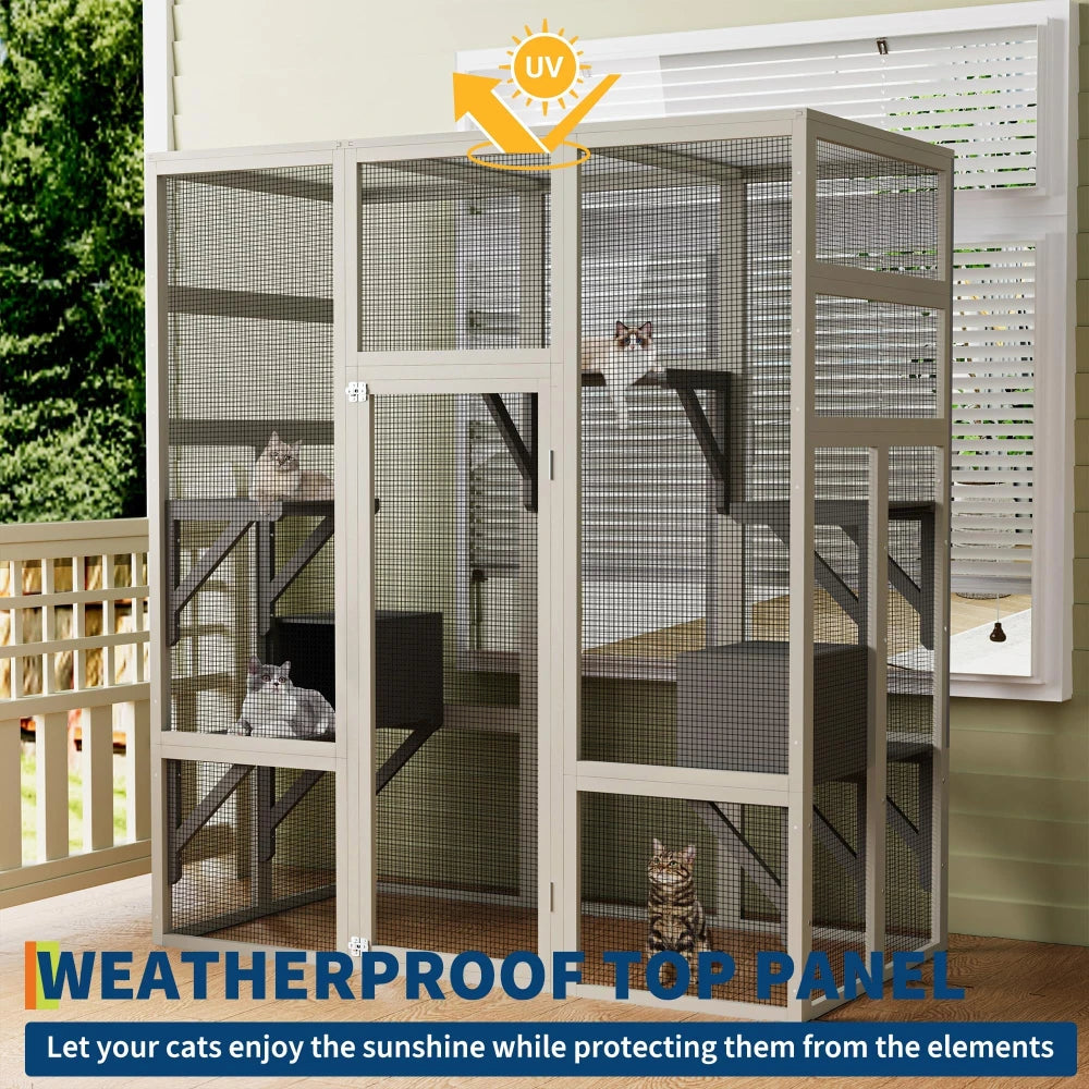 70'' Large Walk-in Catio Outdoor Cat House Waterproof Cover Multi-Platform Cat Enclosure With 2 Resting Boxes For Multiple Cats
