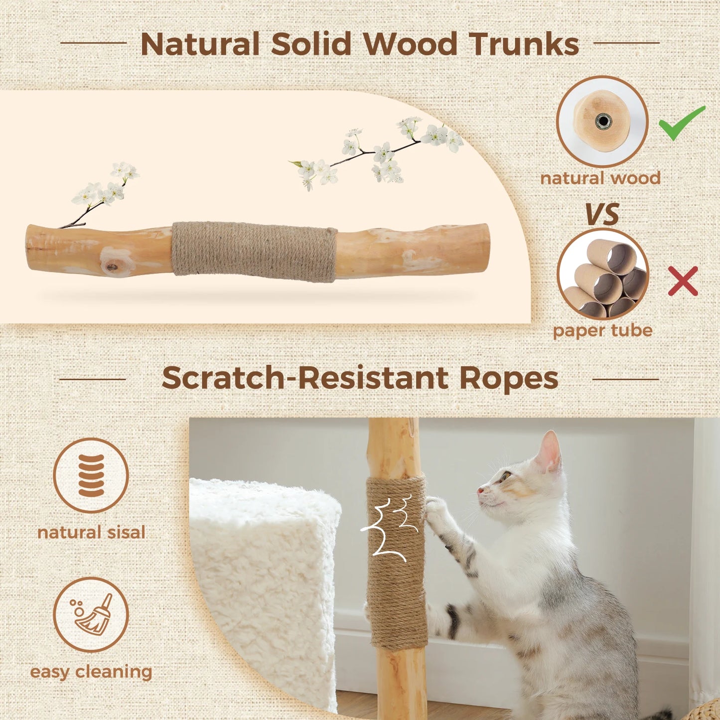 Modern Cat Tree, Natural Wood Cat Tower with Large Wicker Basket, Spacious Condo, Deep Hammock, Luxury Cat House Bed for Indoor