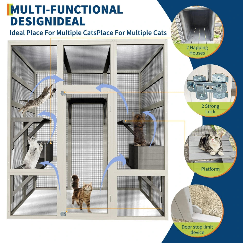 70'' Large Walk-in Catio Outdoor Cat House Waterproof Cover Multi-Platform Cat Enclosure With 2 Resting Boxes For Multiple Cats