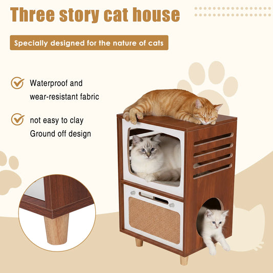 2 In 1 Play House End Table with Scratching Board Large Side Table & Cat Home Retro TV-Style for Living Room Bedroom Decoration
