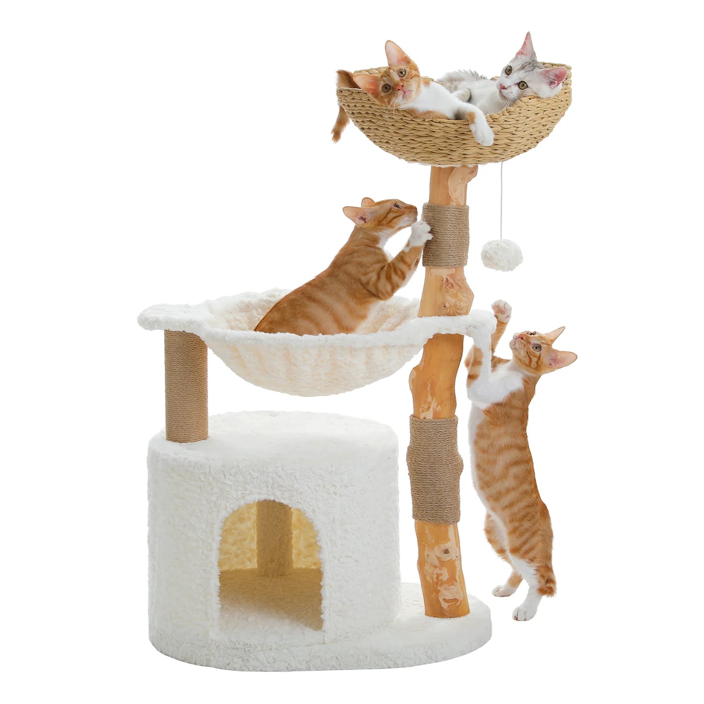 Modern Cat Tree, Natural Wood Cat Tower with Large Wicker Basket, Spacious Condo, Deep Hammock, Luxury Cat House Bed for Indoor