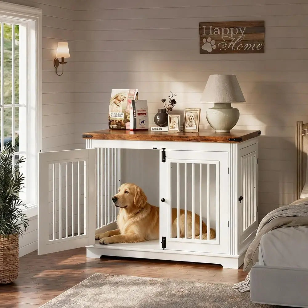 Mid to Large Dog Crate Furniture, White Kennel with Reinforced Tabletop, Stylish Dog Crate Side Table for Home Decor
