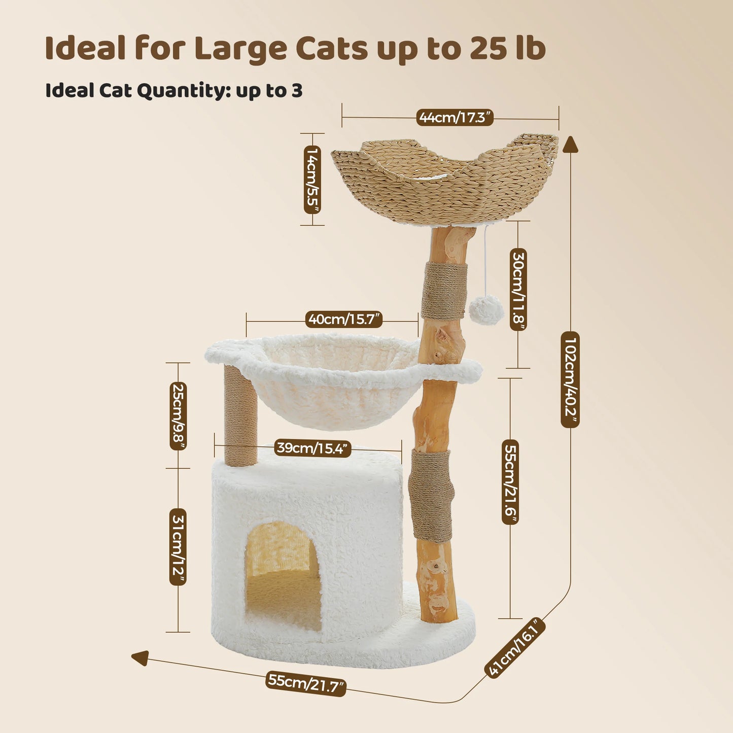 Modern Cat Tree, Natural Wood Cat Tower with Large Wicker Basket, Spacious Condo, Deep Hammock, Luxury Cat House Bed for Indoor