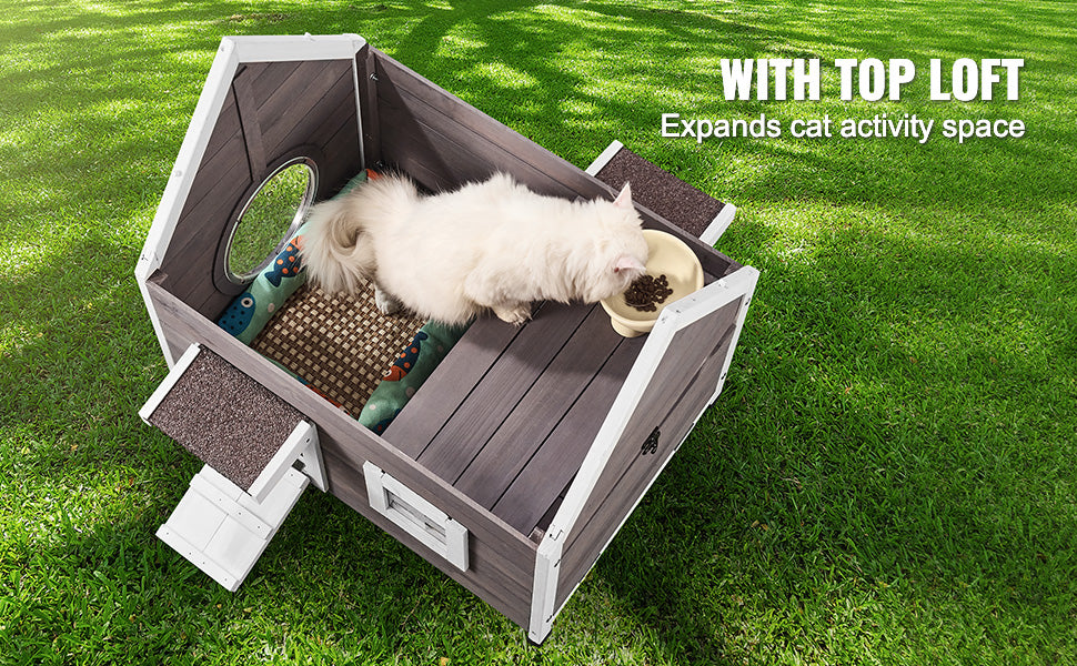SucceBuy Outdoor Cat House 22"x30"x26" Weatherproof Feral Cat Shelter for Multiple Cats Outdoor Wooden Cat House with Side Door