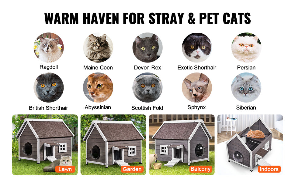 SucceBuy Outdoor Cat House 22"x30"x26" Weatherproof Feral Cat Shelter for Multiple Cats Outdoor Wooden Cat House with Side Door
